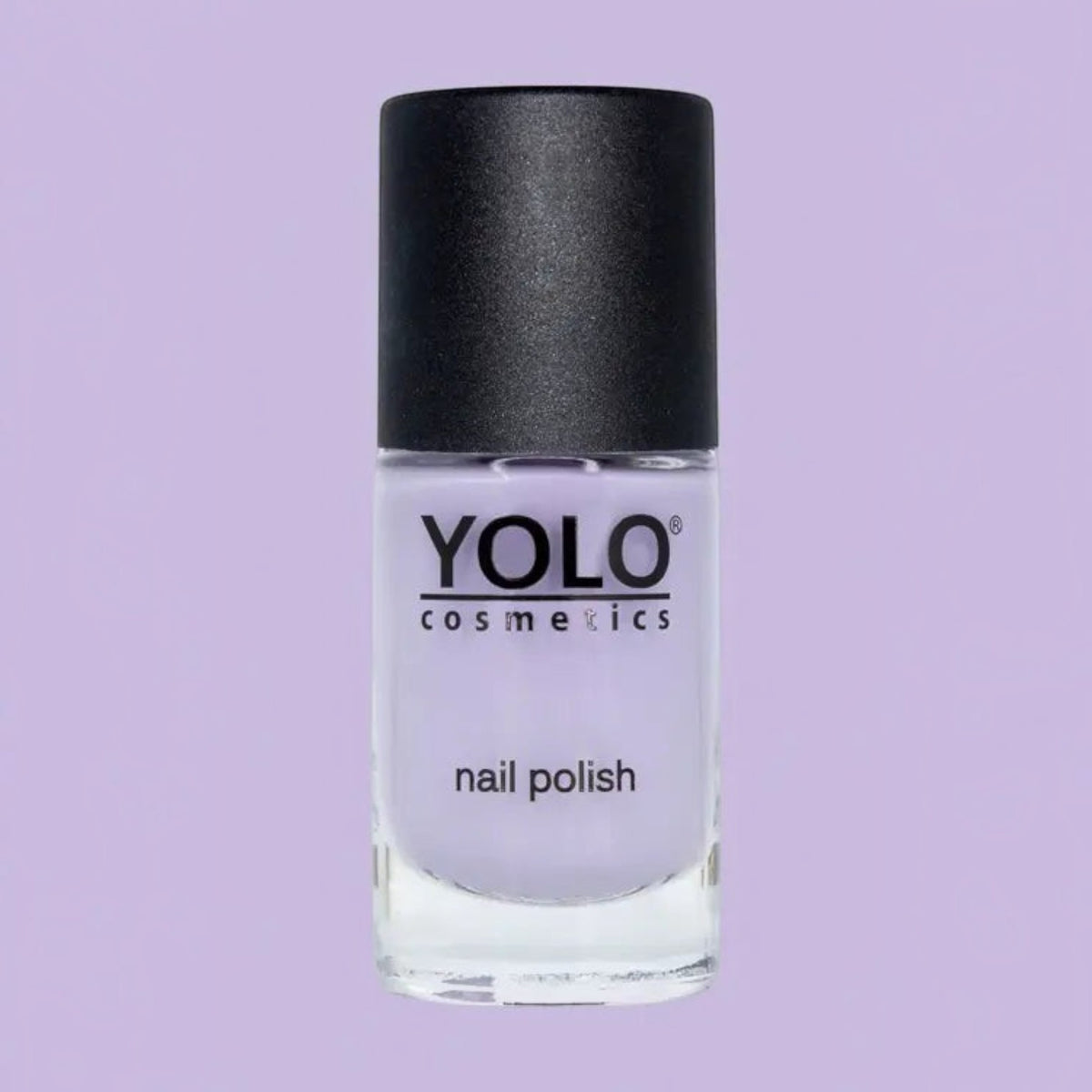 Said Salem YOLO Purple nail polish in a clear glass bottle with a black cap against a matching light purple background