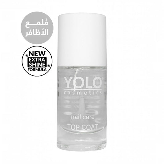 Said Salem YOLO Top Coat nail polish in a clear glass bottle with a white cap for a high-gloss, chip-resistant finish.